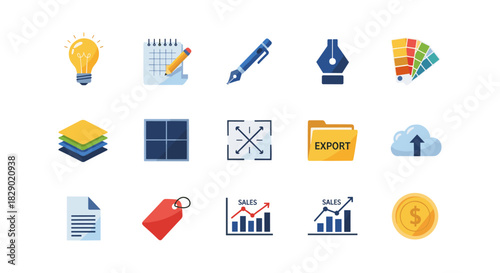 Creative icons for design and marketing projects: light bulb, pencil, pen, export, sales charts