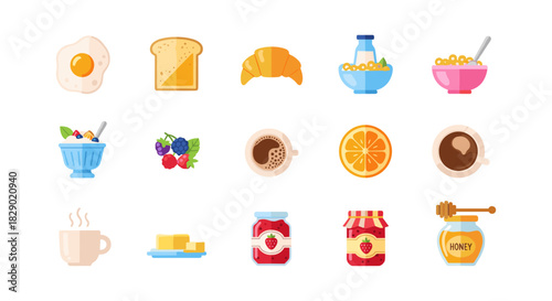 Delicious breakfast icons featuring coffee, fruit, and pastries in flat design