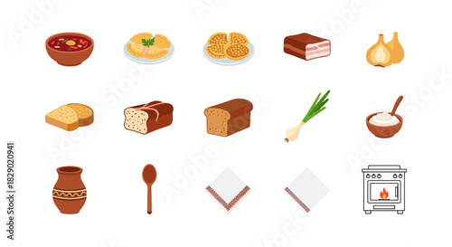 Traditional borscht ingredients and kitchen items in flat style