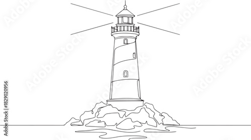 Coastal Sentinel: Continuous Line Lighthouse on Rocks