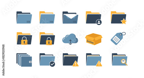 File management icon set: flat style symbols for digital organization and data security