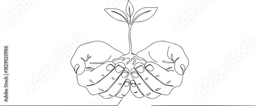 Nurturing Growth: Cupped Hands Holding Sprouting Plant Line Art