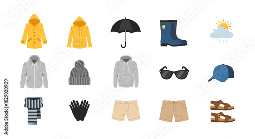 Seasonal clothing icons collection for all weather essentials