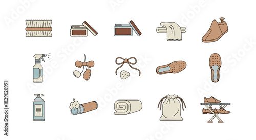 Essential shoe care icons: cleaning, maintenance, and accessories in contemporary flat design