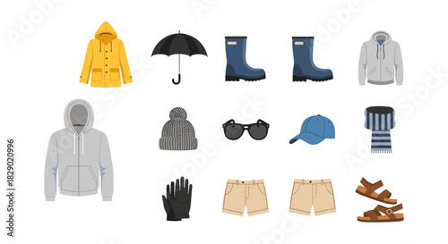 Diverse collection of seasonal fashion elements for men and women