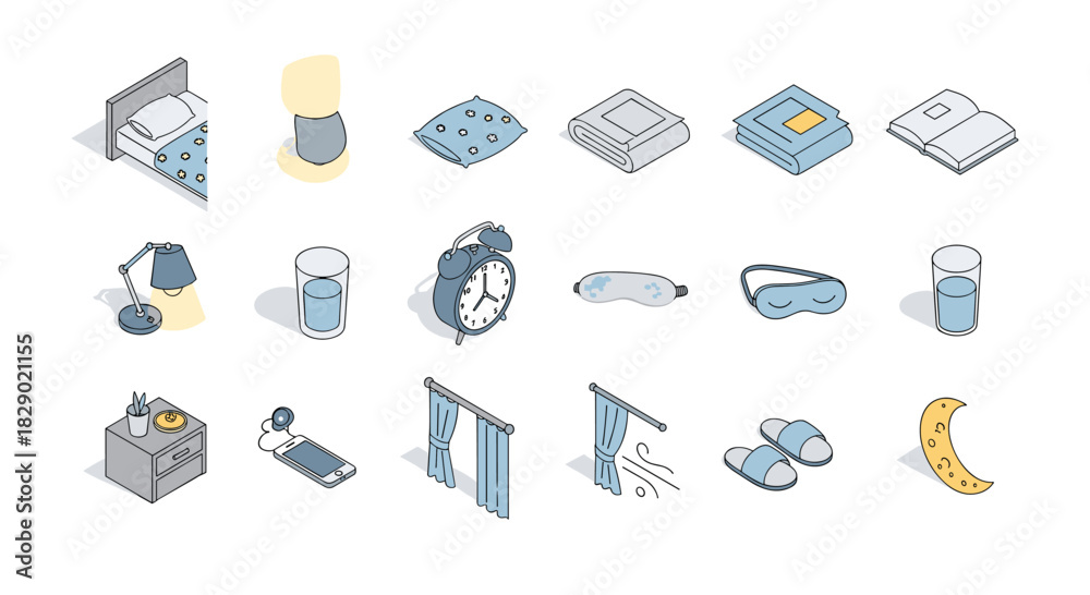 Fototapeta premium Isometric bedtime collection: essential sleep accessories and relaxation items