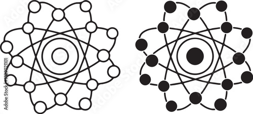 Atom Symbol Outline and Filled Versions With Orbiting Particles science molecule on transparent background