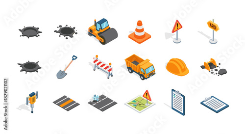 Isometric construction icons: tools, signs, and equipment for roadwork projects