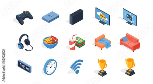 Isometric gaming and entertainment icons: consoles, snacks, and trophies