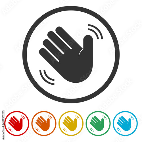 Hand waving hello icon. Set icons in color circle buttons