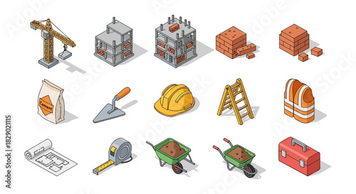 Isometric construction tools and equipment icons set for builders and architects