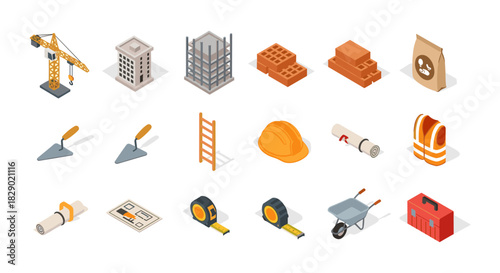 Isometric construction icons set featuring cranes, buildings, tools, and safety equipment