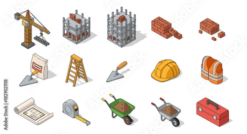 Isometric construction tools and building elements collection