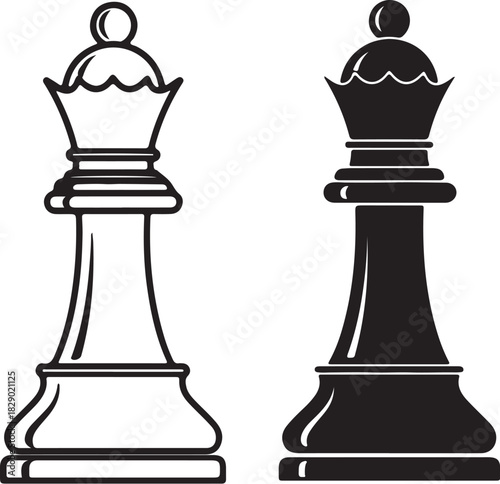 Chess Queen Piece Icon in Outline and Solid Fill traced on transparent background