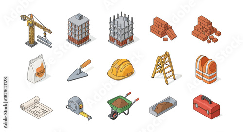 Isometric construction tools and materials collection on white background