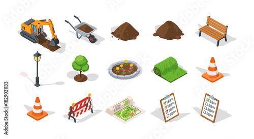 Isometric construction and landscaping icons set with excavator, wheelbarrow, and paving symbols