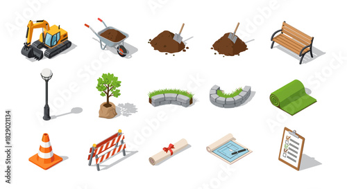 Isometric landscape construction tools and elements set for urban design