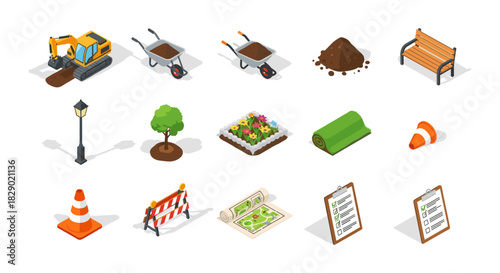 Isometric garden and construction tools set for landscaping and urban planning