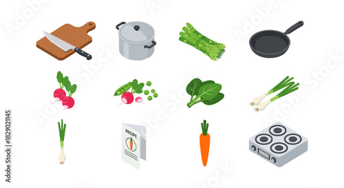 Isometric kitchen set with cooking utensils and fresh vegetables