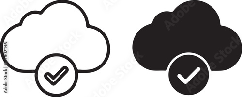 Cloud Computing Icon with Check Mark in Outline and Solid Fill Versions traced on transparent background