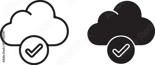 Cloud icon with check mark symbol in circle outline and solid fill on white background Keywords: cloud, check mark, tick, symbol, icon, data, storage, technology, internet, on transparent background