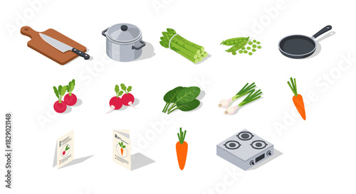 Isometric cooking essentials with vegetables and kitchen tools