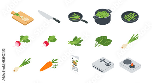 Isometric kitchen ingredients: fresh vegetables and cooking tools collection