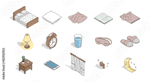 Cozy bedroom essentials set with isometric everyday items for comfort and relaxation