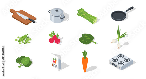 Isometric kitchen tools and fresh vegetables for healthy cooking