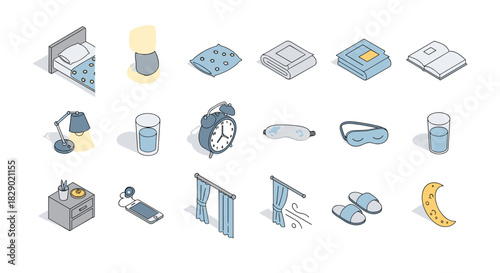 Isometric bedtime collection: essential sleep accessories and relaxation items