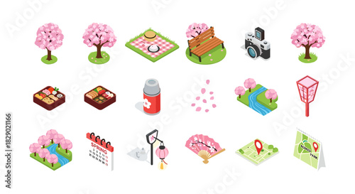 Isometric cherry blossom icons: spring picnic, sakura park, hanami celebration