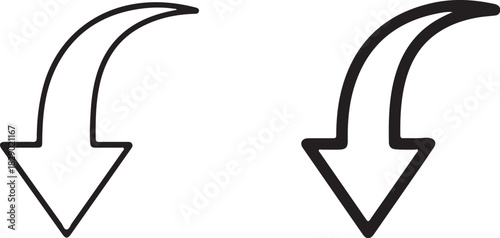 Downward Curved Arrow Icons Outline and Solid Black White Background traced image on transparent background