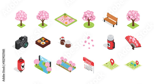 Isometric cherry blossom icons: nature, culture, and traditions in japan