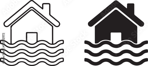 Flooded House Icons Outline and Solid Black White Background traced image on transparent background