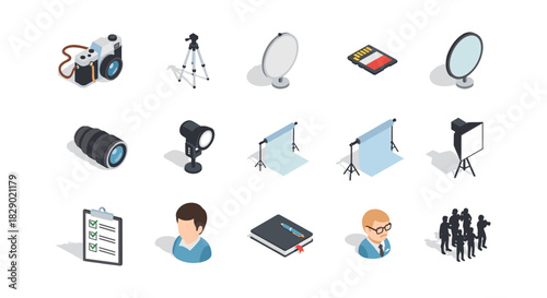 Isometric photography equipment icons set: cameras, tripods, lighting and accessories
