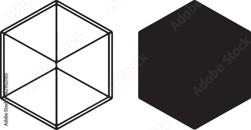 Hexagon Geometric Shape Icons One Outline Wireframe One Solid Black Keywords: hexagon, geometric, shape, polygon, icon, symbol, graphic, illustration, design, set, pair, on transparent background