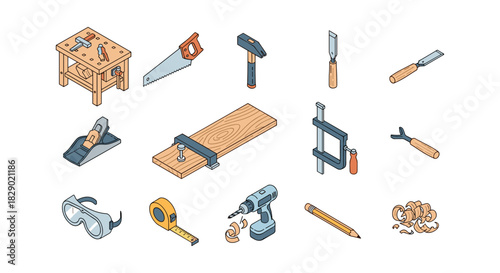 Essential carpentry tools isometric icons for woodworking projects and diy enthusiasts
