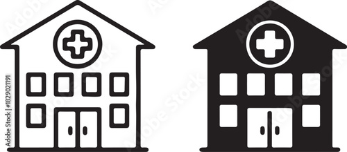 Hospital Building Icons Outline and Solid Black White Background traced image on transparent background