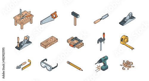 Essential carpentry tools collection in isometric style for woodworking projects