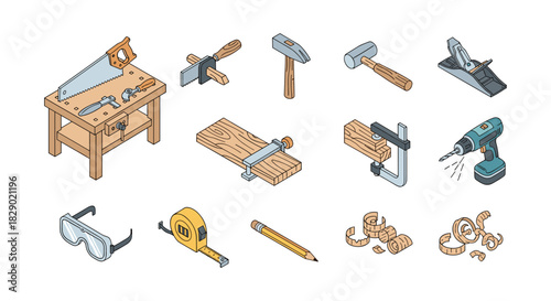 Isometric woodworking tools set with workbench, saw, hammer, drill, and accessories