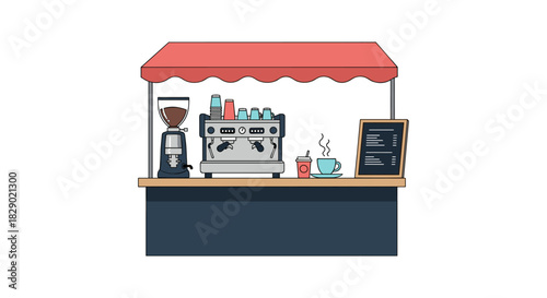 Cozy outdoor coffee stall with machine and menu board in flat design