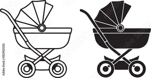 Outline and Silhouette of a Baby Stroller or Pram carriage baby transport on transparent background