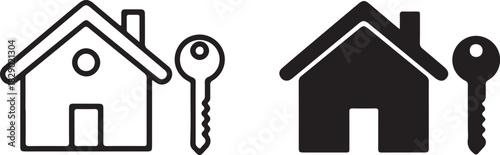 Outline and Solid Black Icons of a House and a Key on a White Background home real estate on transparent background