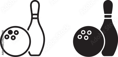 Outline and Solid Icons of a Bowling Ball and Pin on White Background Keywords: bowling, ball, pin, sport, game, recreation, leisure, activity, strike, spare, competition, on transparent background