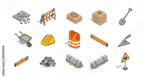 Construction tools and equipment in isometric style for urban development projects
