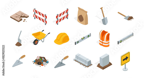 Essential construction tools and equipment isometric icons set for modern infrastructure projects