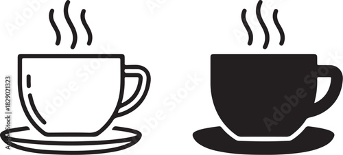 Outline and Solid Black Icons of a Steaming Coffee Cup and Saucer on a White Background drink on transparent background