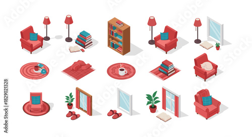 Cozy isometric living room elements including chairs, rugs, books, and décor items