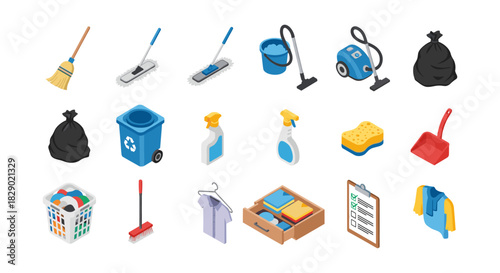 Isometric household cleaning supplies: tools and products for a tidy home