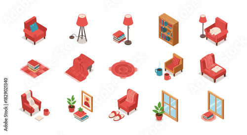 Cozy isometric room with furniture and decor in minimalist red design